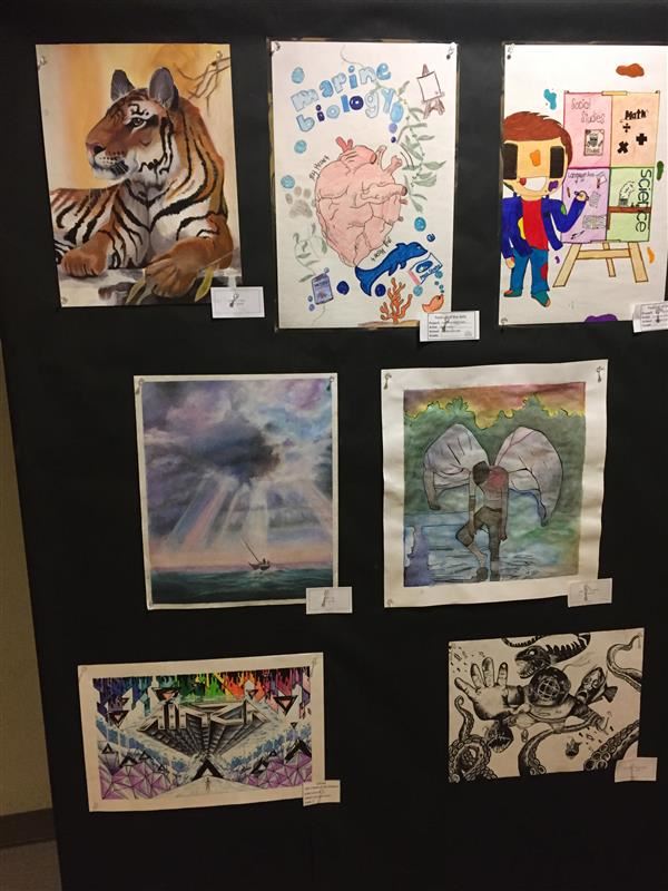 Art display board with several paintings on it